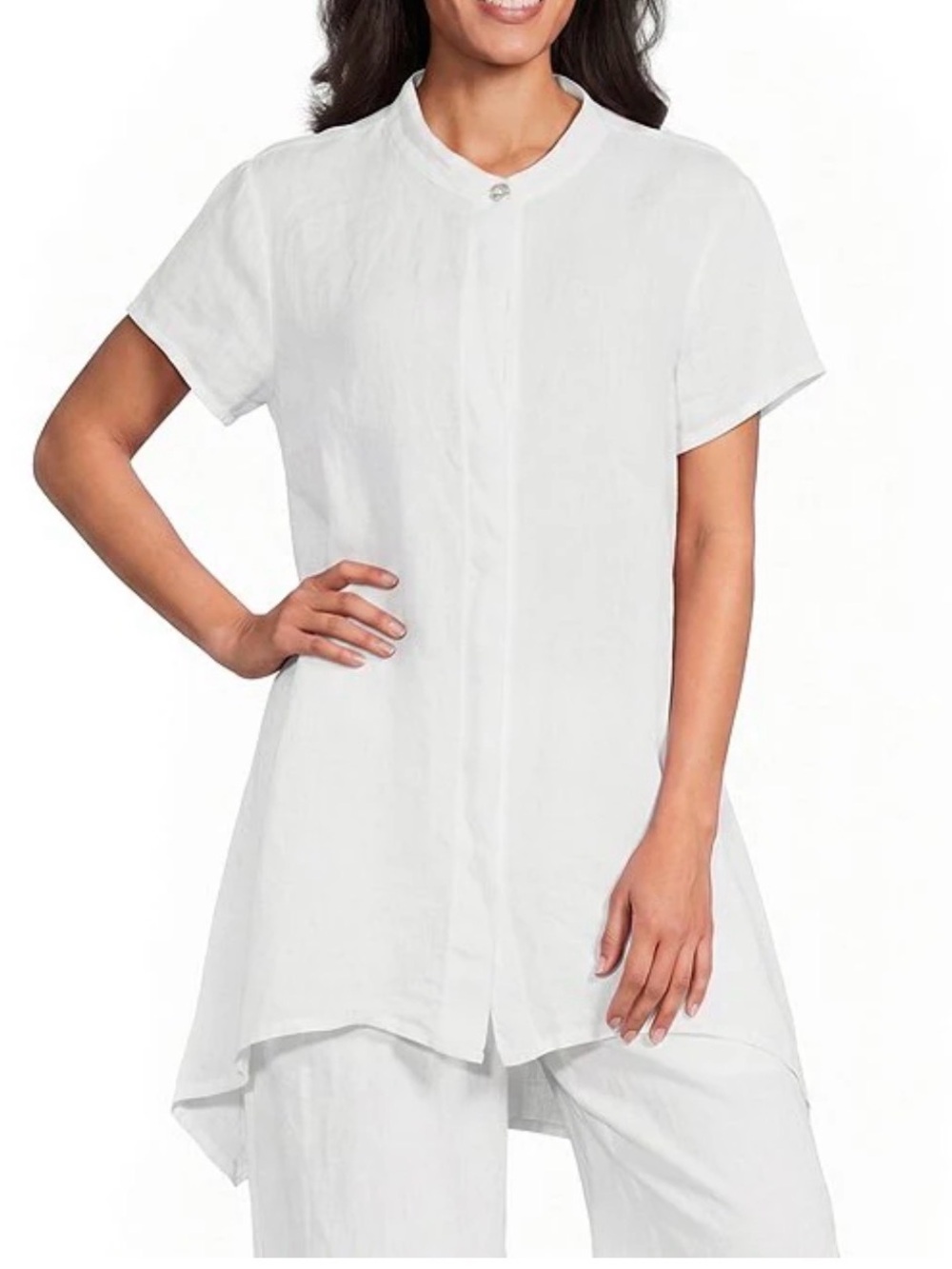 Bryan Walker Willa Light Linen Mandarin Collar Cap Sleeve Curved Hem Tunic Med